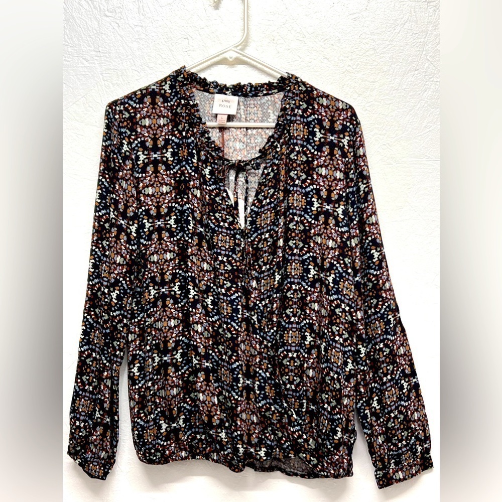 Knox Rose - Women’s Long Sleeve V & Tie Neck Wrap Front Layer Top - L